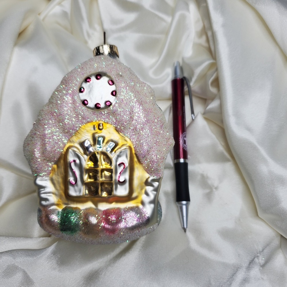 VTG HALLMARK KEEPSAKE 1998 SUGARPLUM COTTAGE BLOWN GLASS ORNAMENT GLITTER 5"×3.5